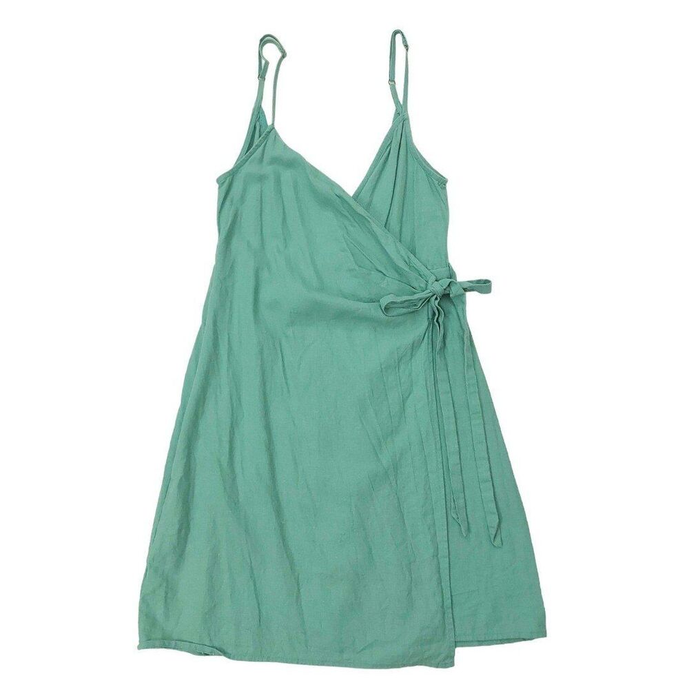 Show Me Your Mumu Wrap Mini Dress Womens Small Green Linen Blend V-Neck Beach